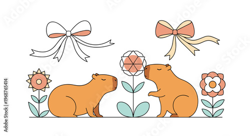 Cute illustration of two capybaras sniffing a flower, decorated with large bows and stylized floral elements on a white base.