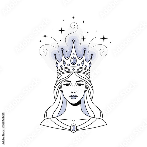 Elegant queen portrait with crown and magical stars, vector illustration