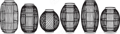 Woven baskets with handles in various sizes and shapes neatly arranged in a row Vector