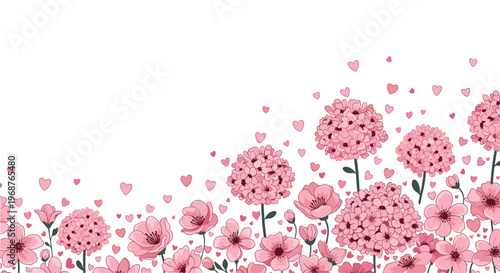Beautiful border of pink hydrangeas and cherry blossoms with tiny scattered hearts along the bottom edge on a white background.