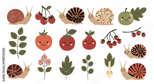 Collection of cute hand drawn snails with patterned shells along with various berries fruits and leaves in a charming flat vector style.