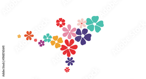 Stylized cluster of colorful flat flowers in different sizes and shapes arranged in an asymmetrical pattern on a clean white background.