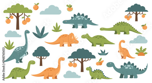 Vector set of diverse cartoon dinosaurs trees with orange fruits clouds and various plants perfect for educational or nursery decorations.
