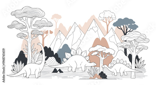 Detailed line art illustration of several dinosaurs including a long necked sauropod and a stegosaurus in a prehistoric landscape with mountains.