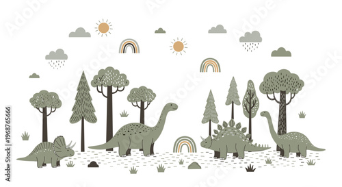 Cute prehistoric scene with several different types of dinosaurs in a forest under a sky with rainbows suns and rainy clouds on white.