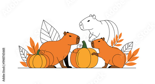 Autumn themed illustration featuring two capybaras near orange pumpkins and fall leaves with one line art capybara in the background.