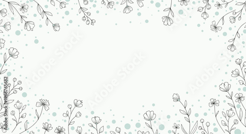 Decorative border made of delicate hand drawn black and white floral sketches and light blue polka dots on a pale green background.