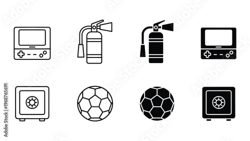 A collection of black and white icons on a white background