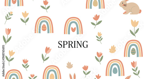 Spring themed pattern with rainbows tulips and a cute rabbit scattered across a white background with the word spring in the center.
