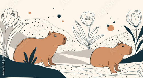 Artistic scene featuring two capybaras in a landscape with stylized flowers hills and a dotted sky in a neutral color palette.