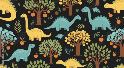 Dark themed seamless pattern of yellow and blue dinosaurs in a forest with apple trees and various green plants and leaves.