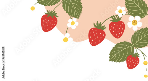 Corner illustration of strawberry vines with ripe red berries white blossoms and green leaves set against a soft peach and white background.