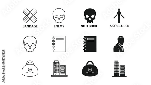 A collection of black and white icons on a white background