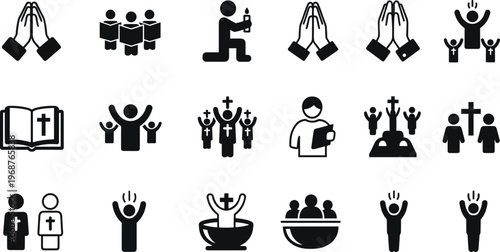 Christian icons, praying hands, worship symbols, Bible illustration, baptism vector, faith community, religious artwork, cross design, spiritual practice graphics