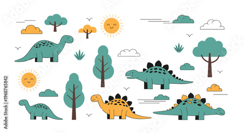 Collection of cute hand drawn dinosaurs like brachiosaurus and stegosaurus in a landscape with suns trees clouds and birds.