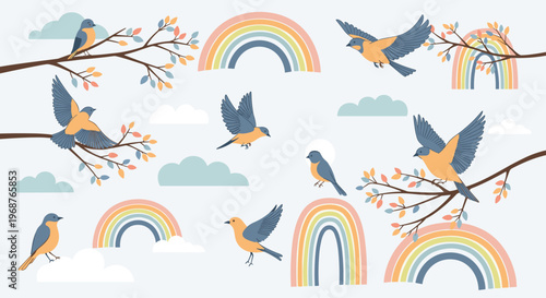 Vibrant collection of blue birds in flight and perched on branches with colorful leaves rainbows clouds and a sun in a flat style.