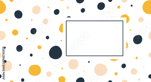 Playful pattern of varied blue yellow and beige dots and circles with a rectangular frame in the center on a white background.