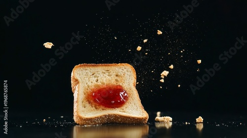 Suspended Slice: Bread with Strawberry Jam and Crumbs Against Black Backdrop