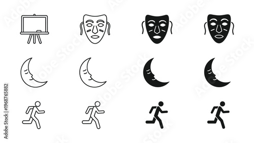 A collection of black and white icons on a clean white background