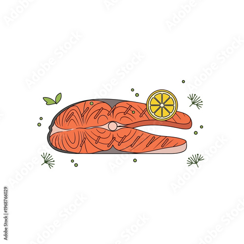 Raw salmon steak with lemon slice and herbs, isolated on white background