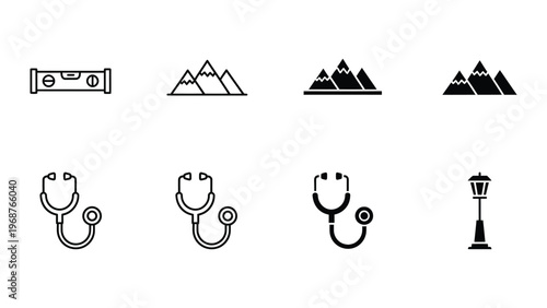 A set of medical and travel icons in black and white
