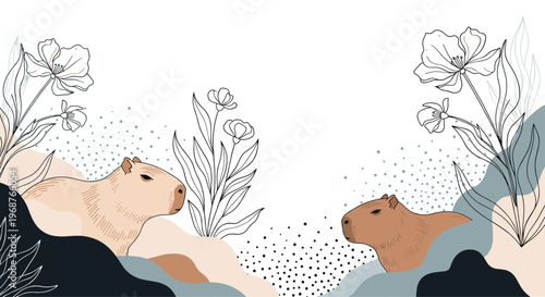 Artistic illustration of two capybaras among abstract floral designs and dotted patterns in a stylized modern graphic style.