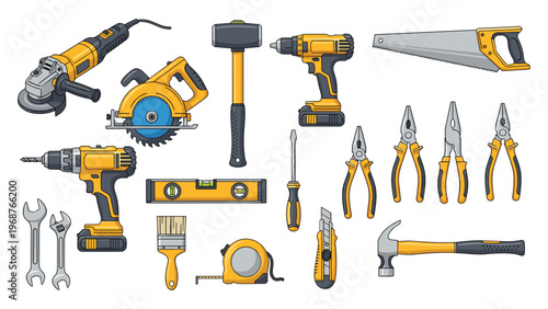 A colorful collection of various hand and power tools arranged on a white background