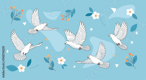 Beautiful illustration of white doves flying gracefully in a blue sky decorated with abstract shapes and small white flowers.