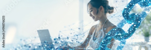 Digital Connection: A woman working on a laptop with a digital chain link overlay, highlighting the intersection of technology and personal connection in a modern setting.