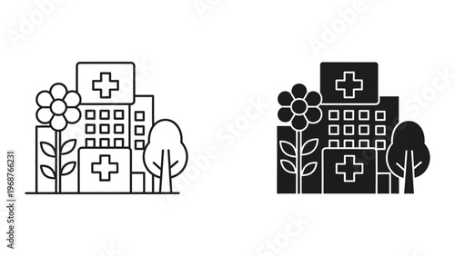 A medical building with a cross symbol and trees around it
