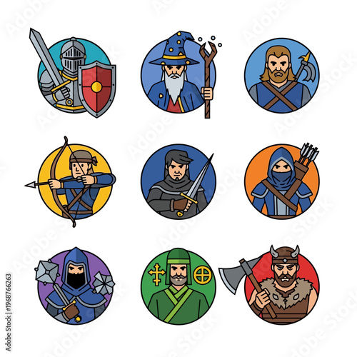 Fantasy Character Icons: Knight, Wizard, Archer, Warrior, Rogue, Viking, Warrior, Mage