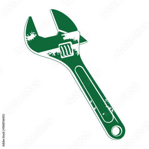 Green adjustable wrench with a distressed texture and worn finish isolated on a white background for hardware and construction concepts