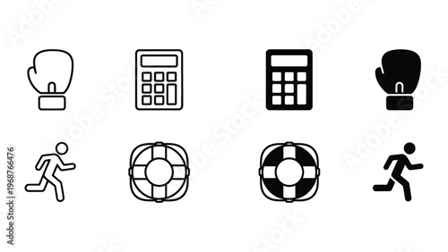A set of black and white icons on a clean white background