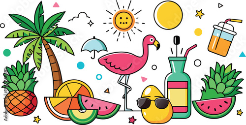 Colorful cartoon illustration of summer vacation objects including a palm tree pineapple fruit slices flamingo sunglasses and drinks  isolated on transparent background