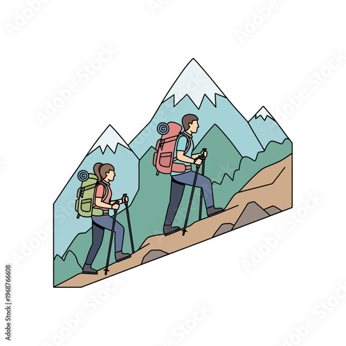 Couple Hiking Up Mountain Trail with Backpacks and Trekking Poles