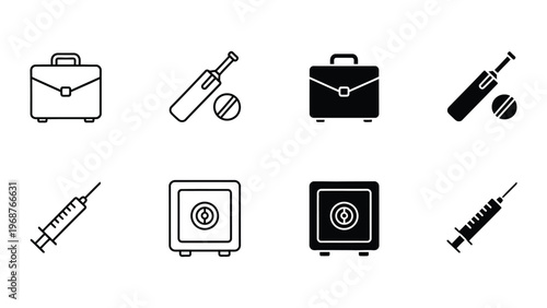 A collection of black and white icons on a white background