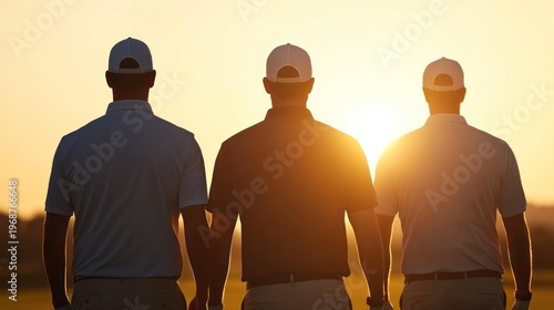 Three Golfers Silhouetted Against a Golden Sunset, Back View, Teamwork and Camaraderie