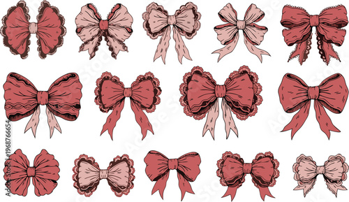 Collection of hand drawn pink and red bows with lace trim