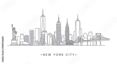 New york city skyline vector illustration with statue of liberty and brooklyn bridge