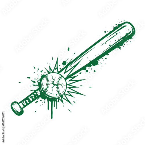 Green baseball bat hitting a cracked baseball with ink splatter effects and dynamic impact lines isolated on a white background for sports