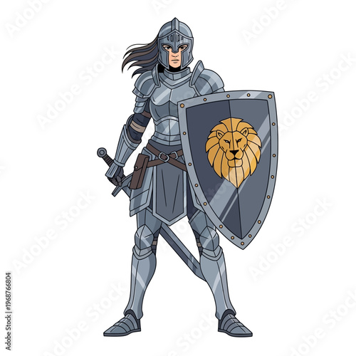 Female knight in full armor with lion shield and sword, standing strong