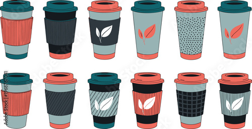 Collection of twelve illustrated disposable coffee cups with patterned sleeves