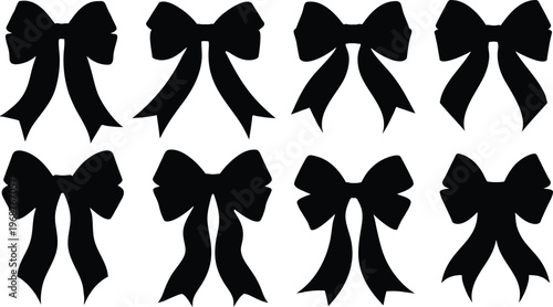 Eight black bow silhouettes on white background ribbon