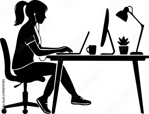 Woman working on laptop at desk silhouette, remote work home office freelance concept