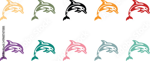 Colorful Dolphin Collection Leaping Marine Animal Illustration, Stylized Dolphin Set Vibrant Ocean Life Art