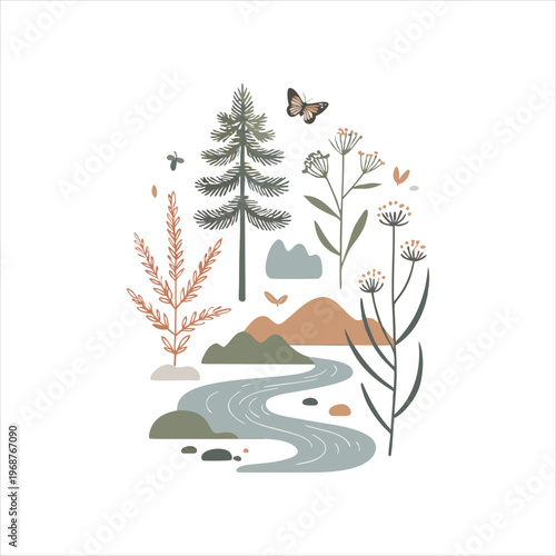 A serene landscape with a winding river and various plants and flowers