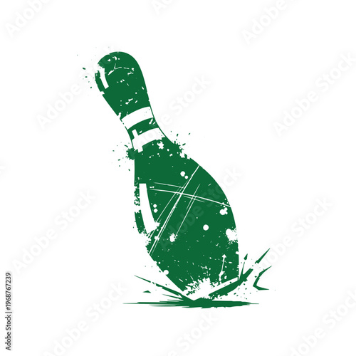 Green bowling pin silhouette with white stripes and ink splatter texture isolated on a white background featuring a distressed grunge style for sports and leisure