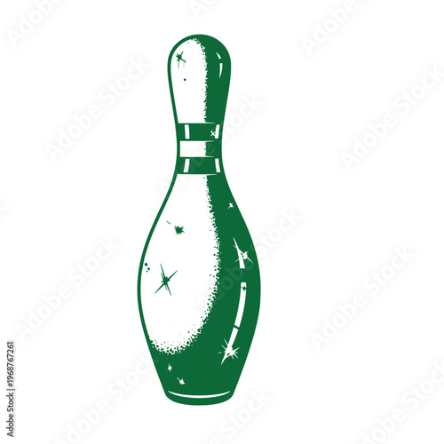 Green bowling pin with stippled shading and sparkling star accents isolated on a plain white background