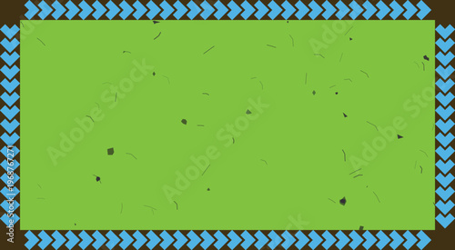 Green screen with blue chevron border and confetti particles