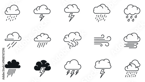 Meteorology Line Icon Collection - Simple Clouds, Thunderstorm, and Tornado Symbols for UI Design